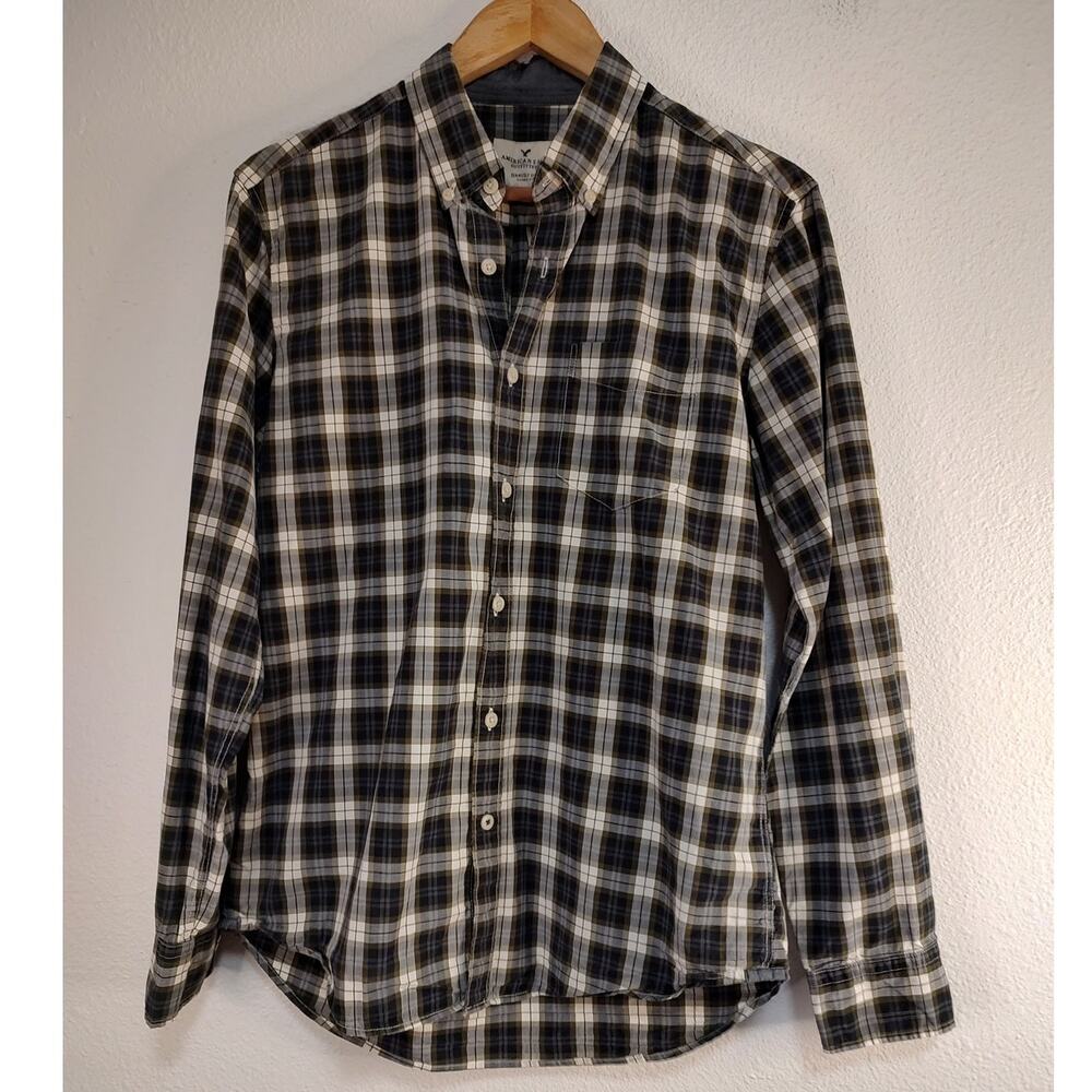 American Eagle Outfitters Grey Green Black Plaid Long Sleeve Button Down Shirt M